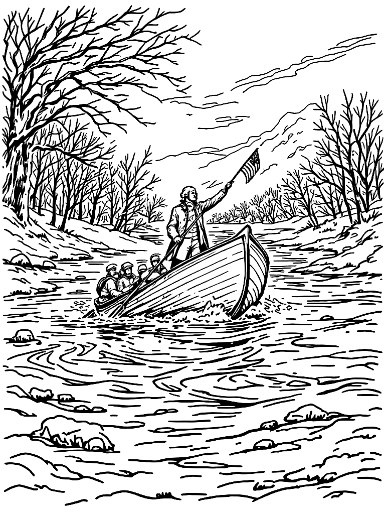Line art illustration of George Washington standing in a boat crossing icy river with soldiers rowing, American flag flowing, winter scene simplified, bold outlines, minimal detail clutter, no shading, coloring book style coloring page Woodcut style - free printable