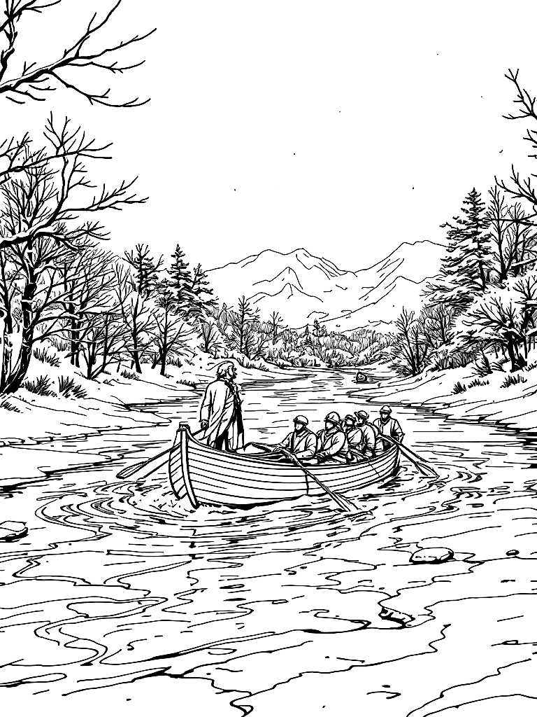 Line art illustration of George Washington standing in a boat crossing icy river with soldiers rowing, American flag flowing, winter scene simplified, bold outlines, minimal detail clutter, no shading, coloring book style coloring page Manga style - free printable
