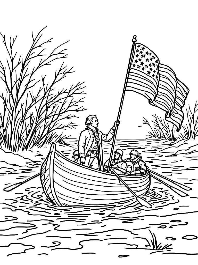 Line art illustration of George Washington standing in a boat crossing icy river with soldiers rowing, American flag flowing, winter scene simplified, bold outlines, minimal detail clutter, no shading, coloring book style coloring page Minimal style - free printable