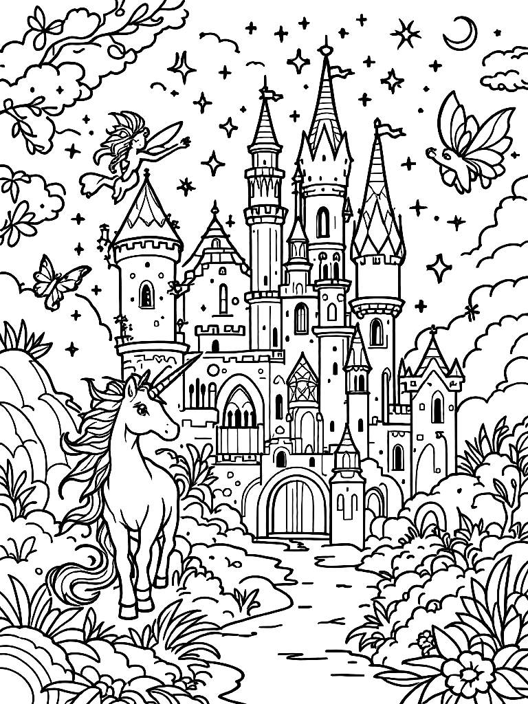 magical theme with
Unicorns
Rainbow castles
Magical animals
Dragons
Fairies (not all on the same page, different pages) coloring page Contour style free printable