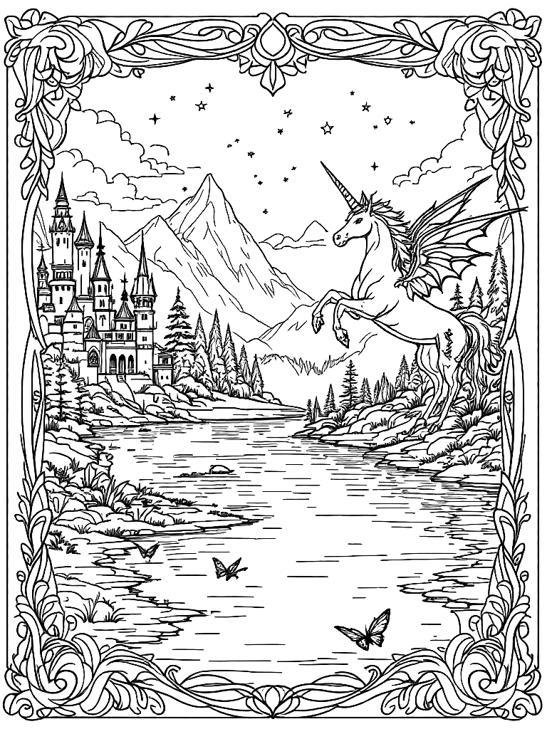 magical theme with
Unicorns
Rainbow castles
Magical animals
Dragons
Fairies (not all on the same page, different pages), surrounded by a decorative border frame, by a calm lake with mountains in the background coloring page Contour style free printable