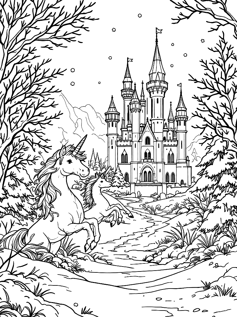 magical theme with
Unicorns
Rainbow castles
Magical animals
Dragons
Fairies (not all on the same page, different pages), from the front, facing the viewer, in a snowy winter landscape coloring page Contour style free printable