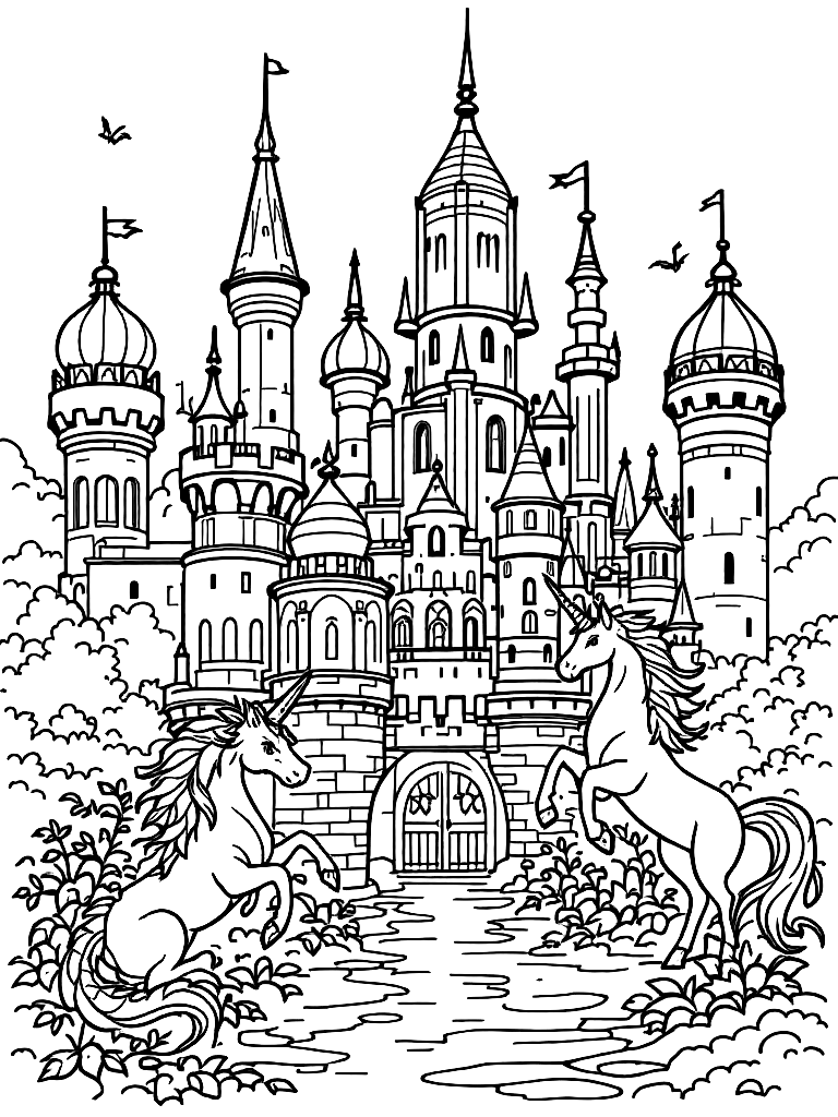 magical theme with
Unicorns
Rainbow castles
Magical animals
Dragons
Fairies (not all on the same page, different pages), from a three-quarter side angle, in front of an ornate architectural backdrop coloring page Contour style free printable