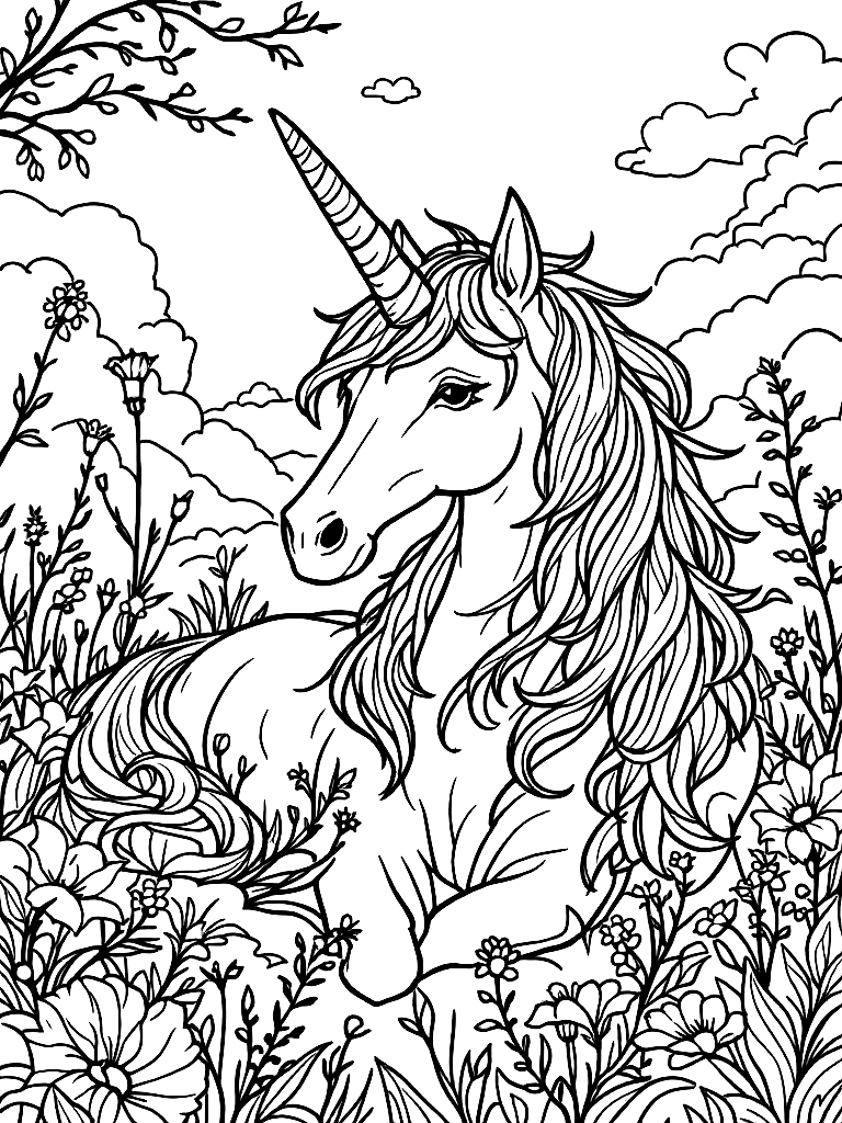 magical theme with
Unicorns
Rainbow castles
Magical animals
Dragons
Fairies (not all on the same page, different pages), in a peaceful resting pose, in a sunlit meadow with wildflowers coloring page Contour style free printable