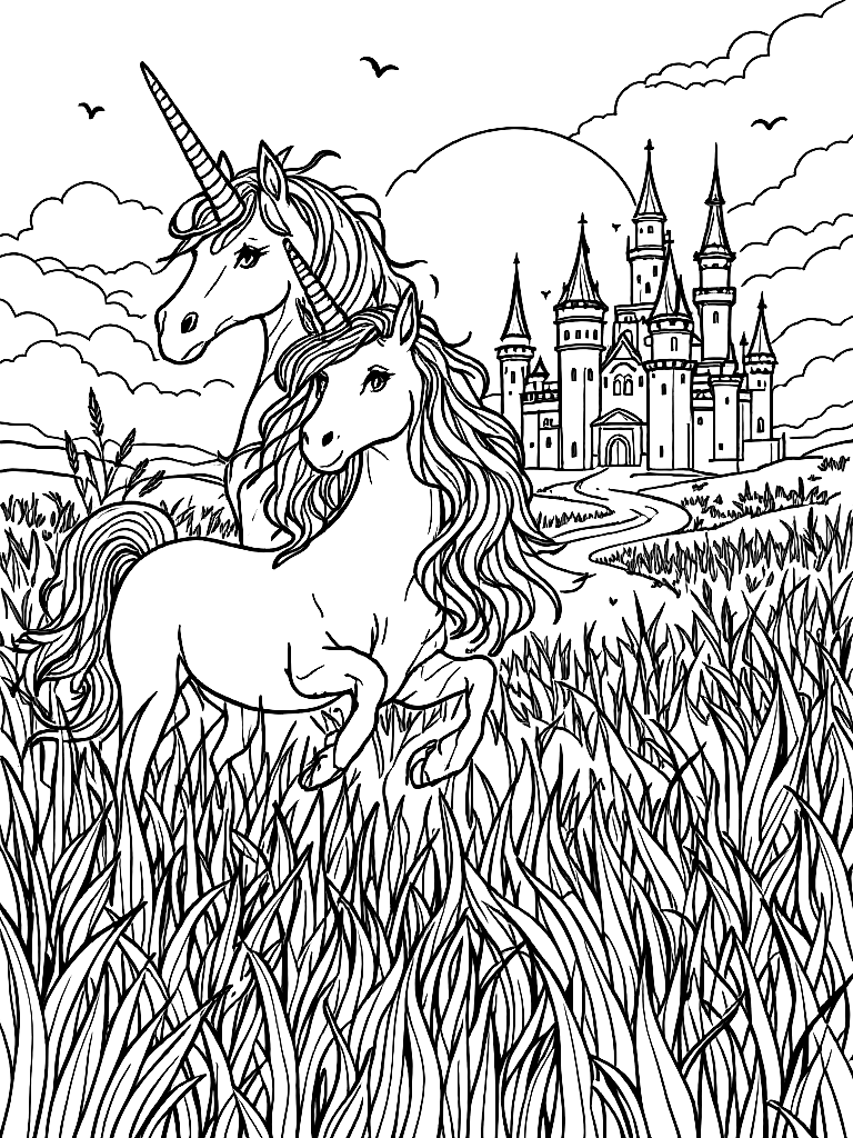 magical theme with
Unicorns
Rainbow castles
Magical animals
Dragons
Fairies (not all on the same page, different pages), in an action pose with dynamic movement, in a field of tall grass at golden hour coloring page Contour style free printable
