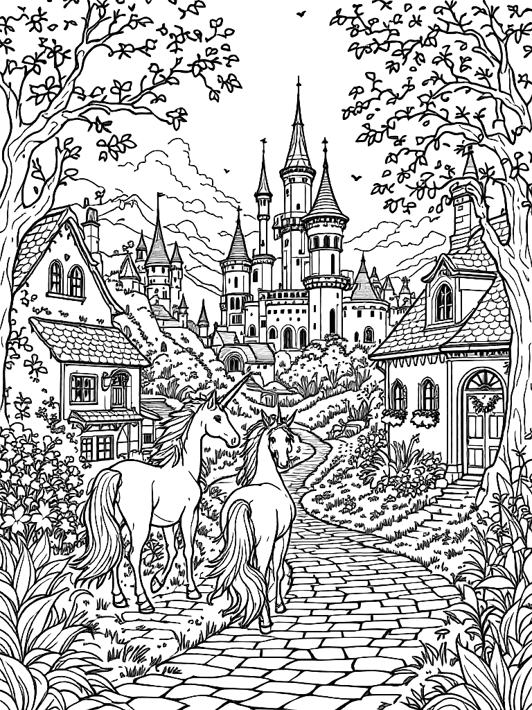magical theme with
Unicorns
Rainbow castles
Magical animals
Dragons
Fairies (not all on the same page, different pages), from behind, looking away into the distance, on a cobblestone path in a charming village coloring page Contour style free printable