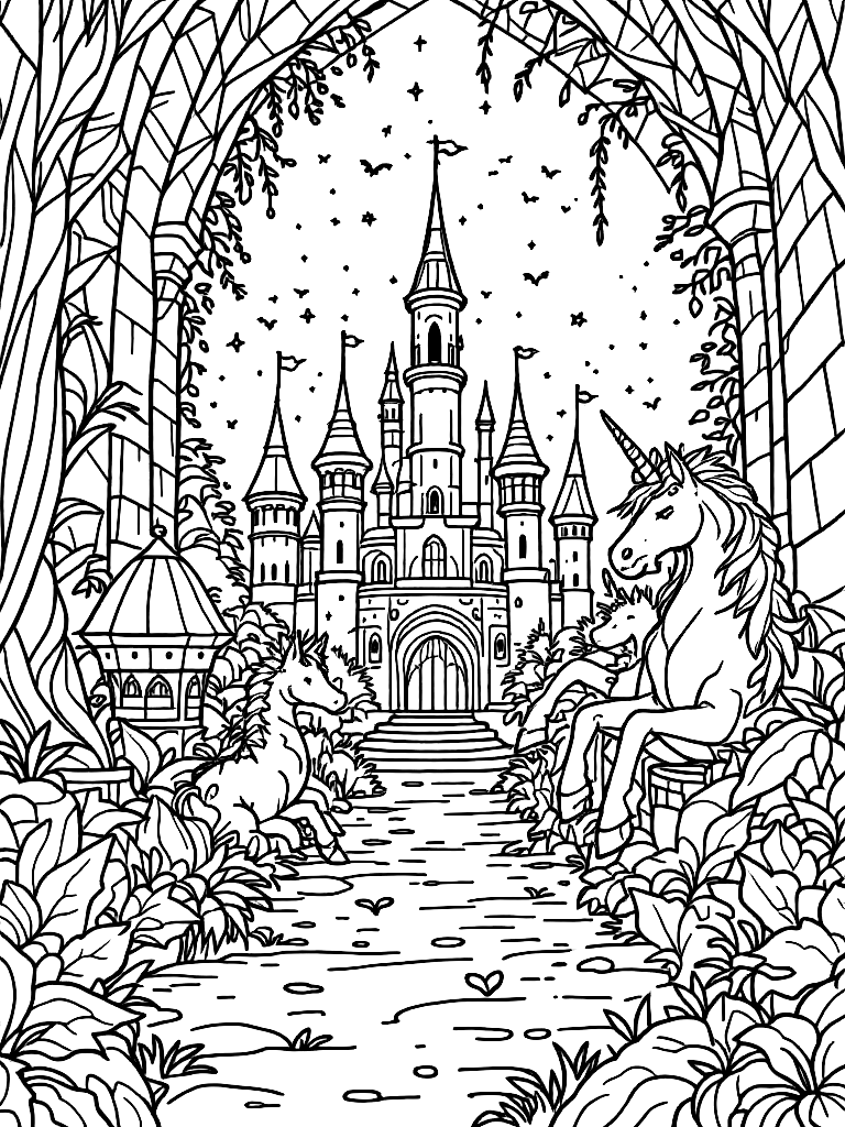 magical theme with
Unicorns
Rainbow castles
Magical animals
Dragons
Fairies (not all on the same page, different pages), from a dramatic low angle looking up, in a cozy indoor setting with warm details coloring page Contour style free printable