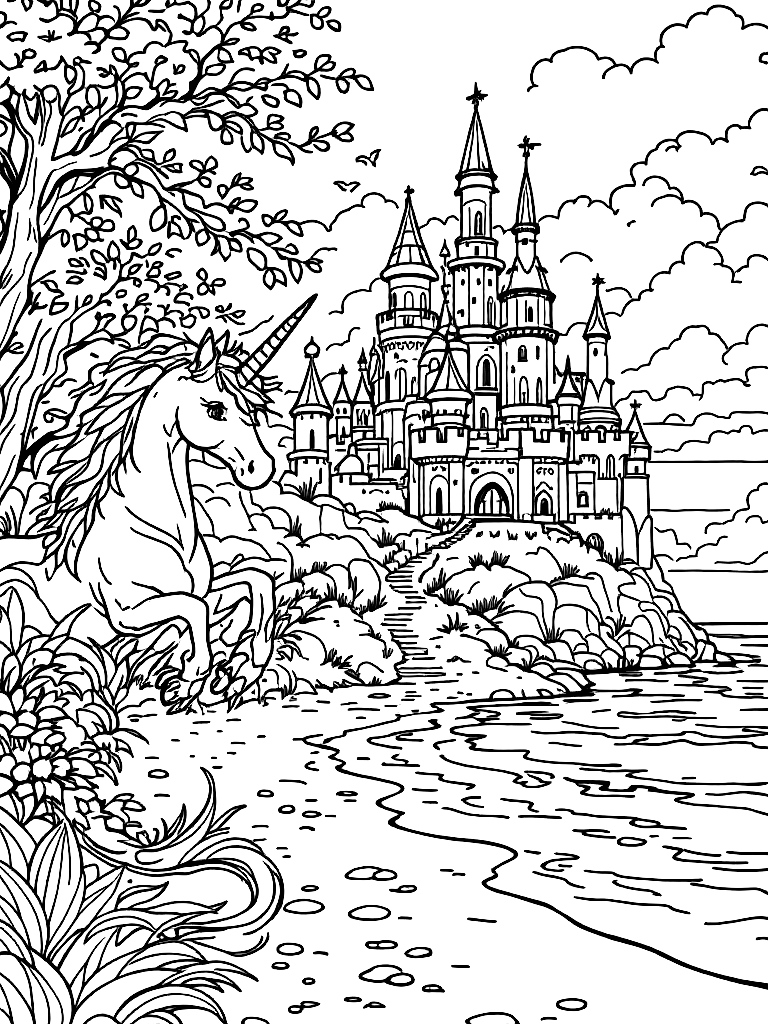 magical theme with
Unicorns
Rainbow castles
Magical animals
Dragons
Fairies (not all on the same page, different pages), from a bird's eye view looking down, on a sandy beach with gentle waves coloring page Contour style free printable