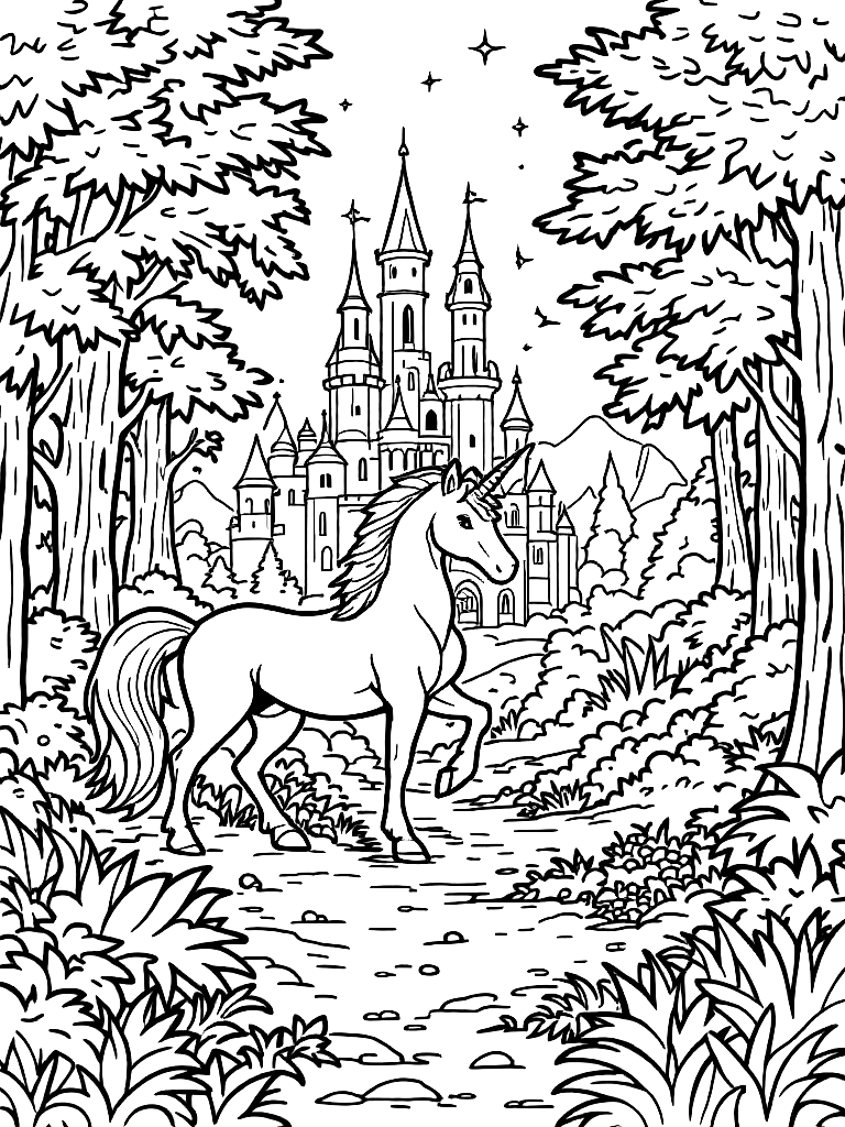 magical theme with
Unicorns
Rainbow castles
Magical animals
Dragons
Fairies (not all on the same page, different pages), from the side in full profile view, in a forest clearing surrounded by tall trees coloring page Contour style free printable