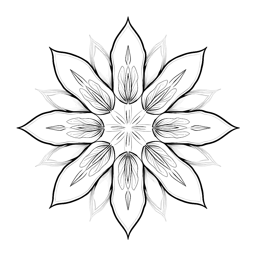 Minimalist mandala for calm and focus, wide open spacing between layers, soft rounded floral petals, smooth curved lines, symmetrical circular composition, moderate detail, thick and thin line variation, clean black line art on white background, adult coloring page, serene meditative design, vector, no shading, no gray tones” coloring page Contour style - free printable