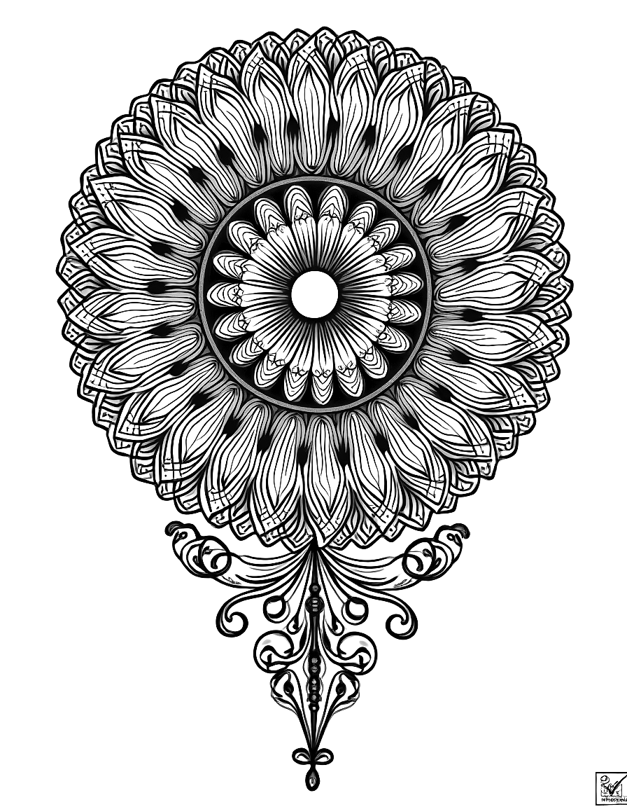 ornate mandala with peacock feather designs, with delicate lacework details coloring page Sargent style free printable