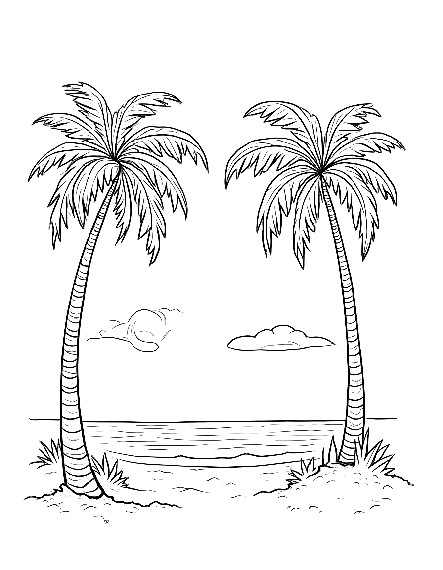 Palm trees near the beach. coloring page Contour style - free printable