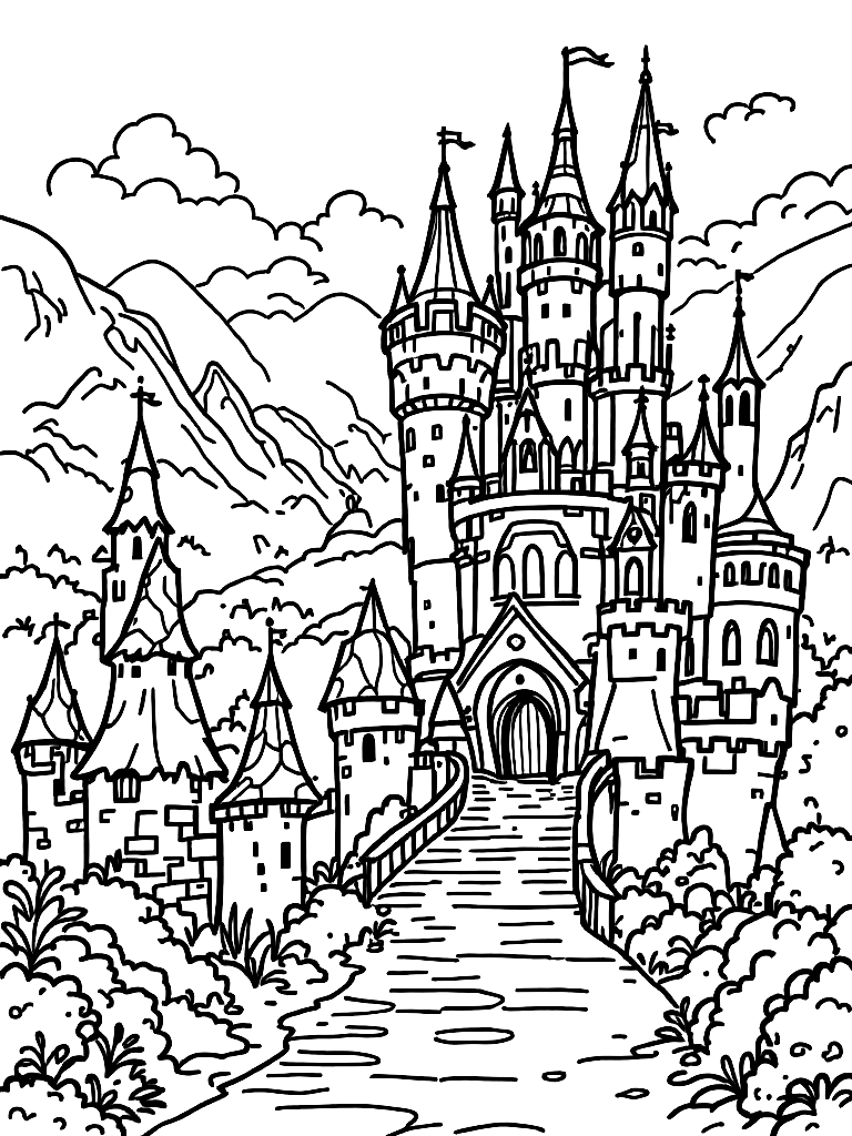 Princess at a castle coloring page Contour style - free printable