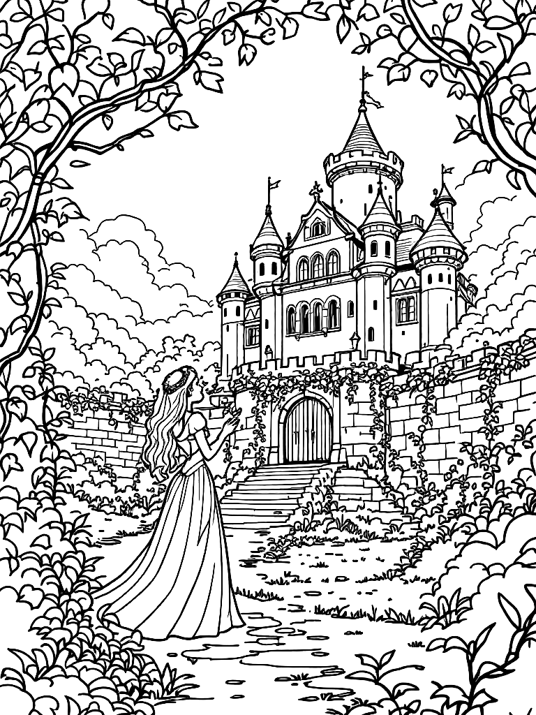 Princess at a castle, from a dramatic low angle looking up, in a garden with vines and stone walls coloring page Contour style - free printable