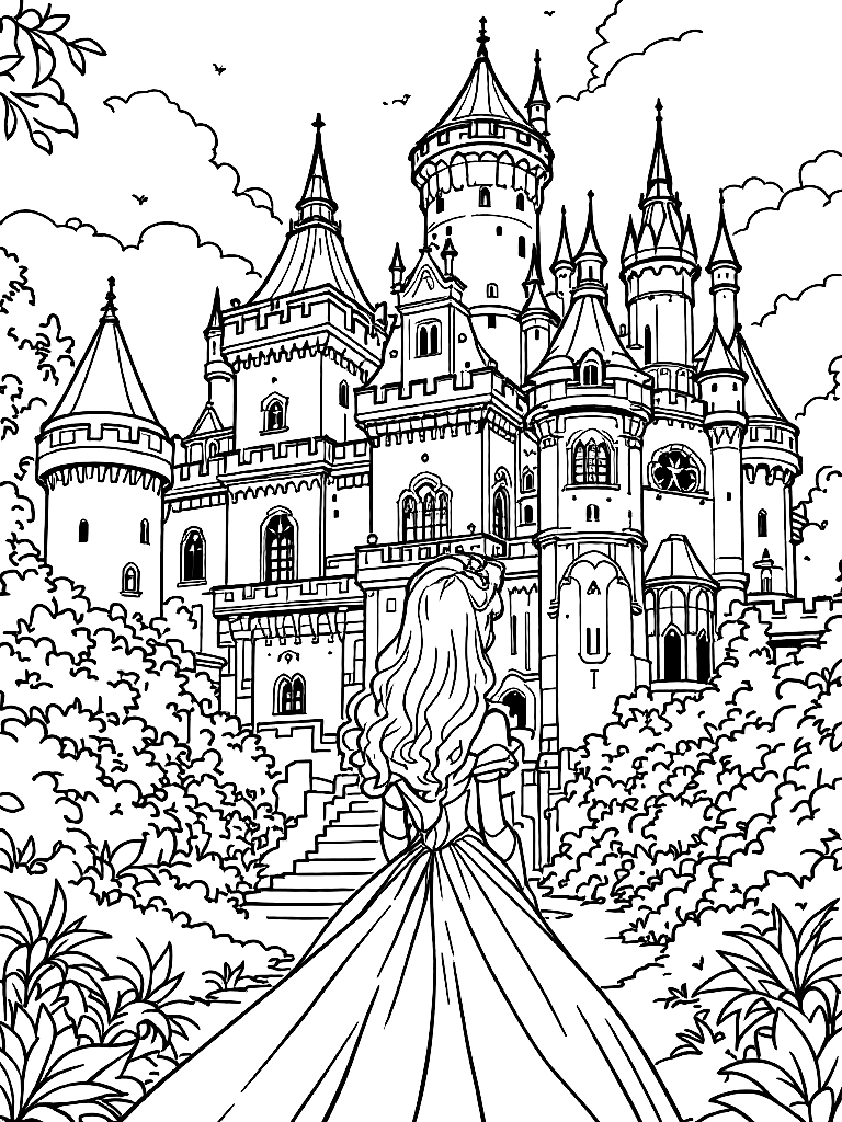 Free princess at a castle, from behind, looking away into the distance, in front of an ornate architectural backdrop coloring page in contour style — printable line art