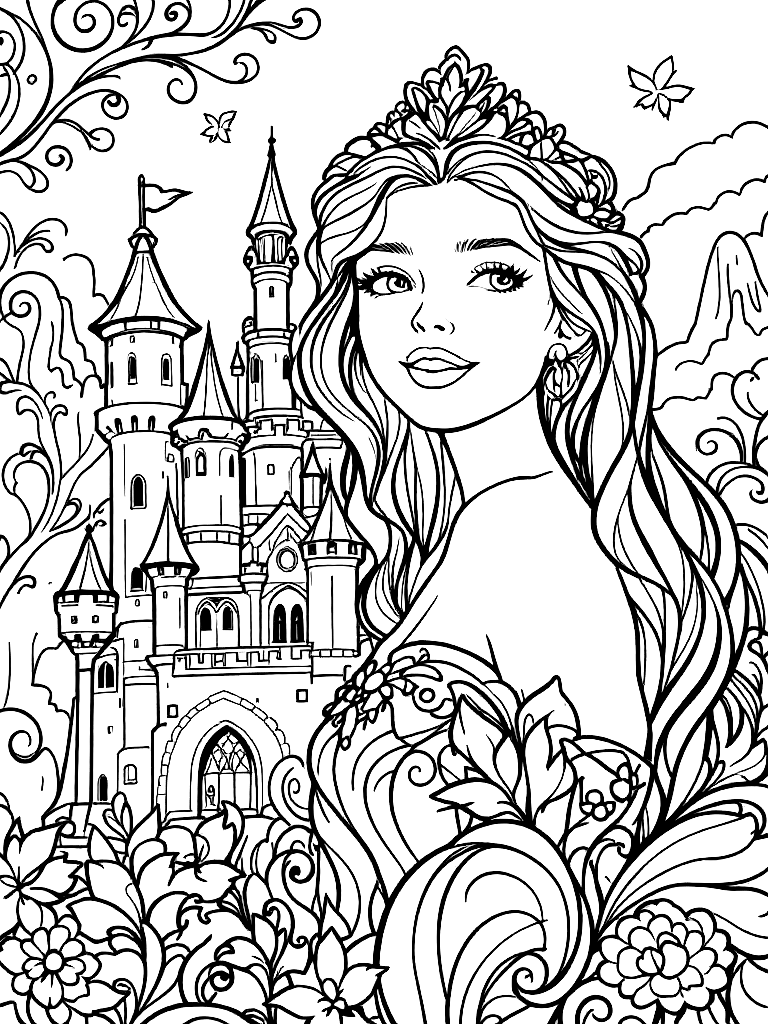 Princess at a castle, in a close-up portrait view with fine detail, in a whimsical scene with decorative swirls coloring page Contour style - free printable