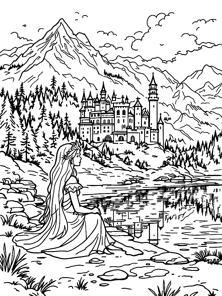 Free princess at a castle, in a peaceful resting pose, by a calm lake with mountains in the background coloring page in contour style — printable line art