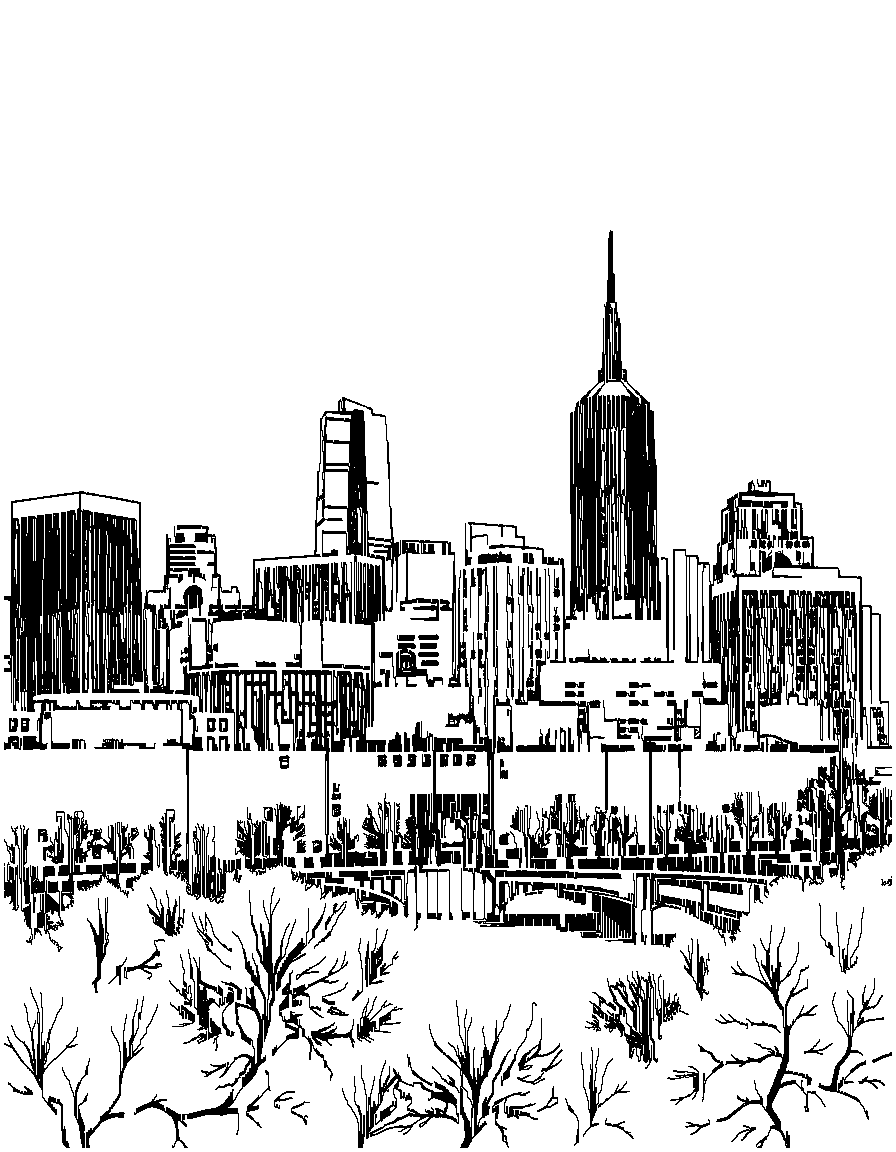 Free rochester ny city skyline coloring page in woodcut style — printable line art
