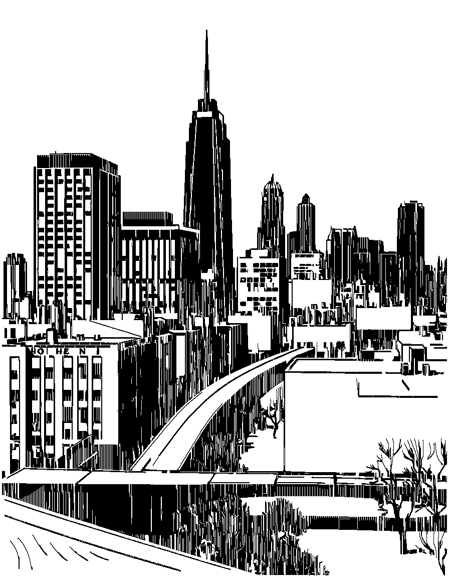 Free rochester ny city skyline coloring page in woodcut style — printable line art