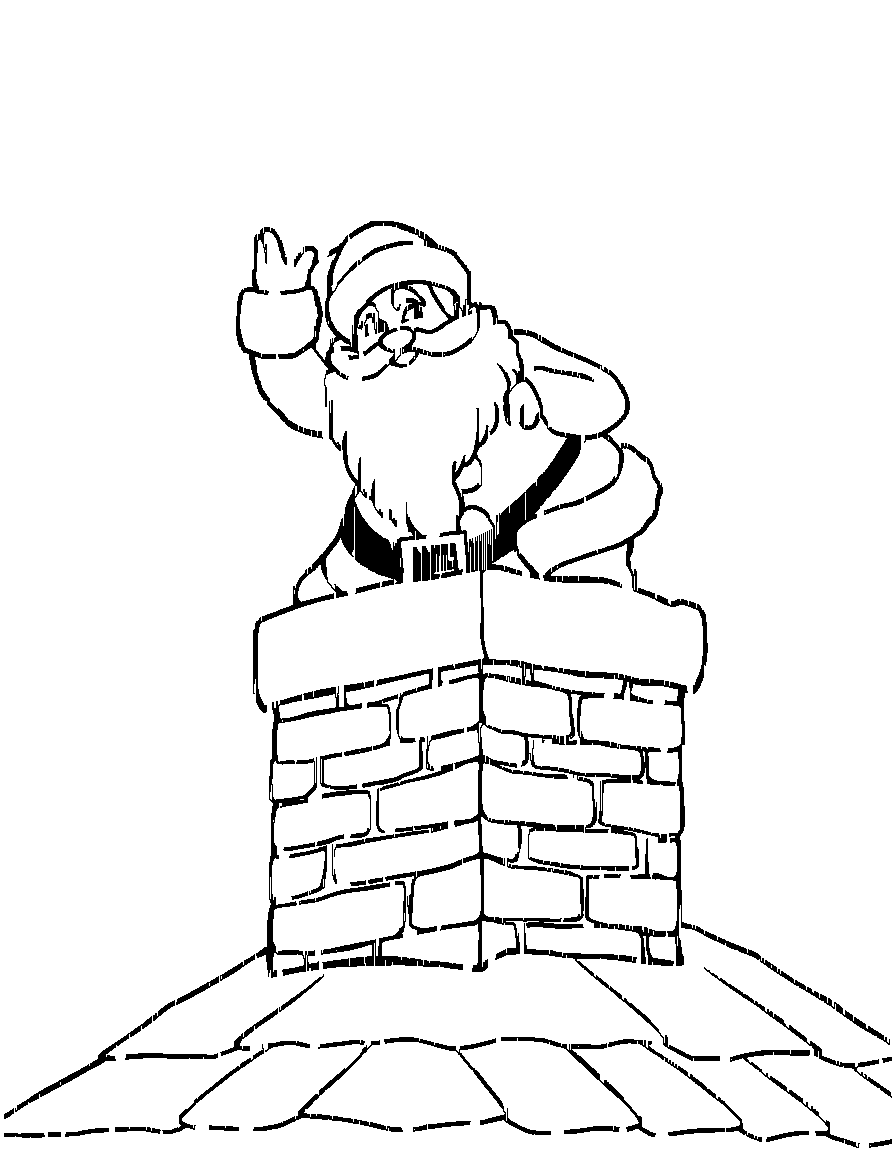 Santa Claus entering a roof top chimney. coloring page Contour style - free printable