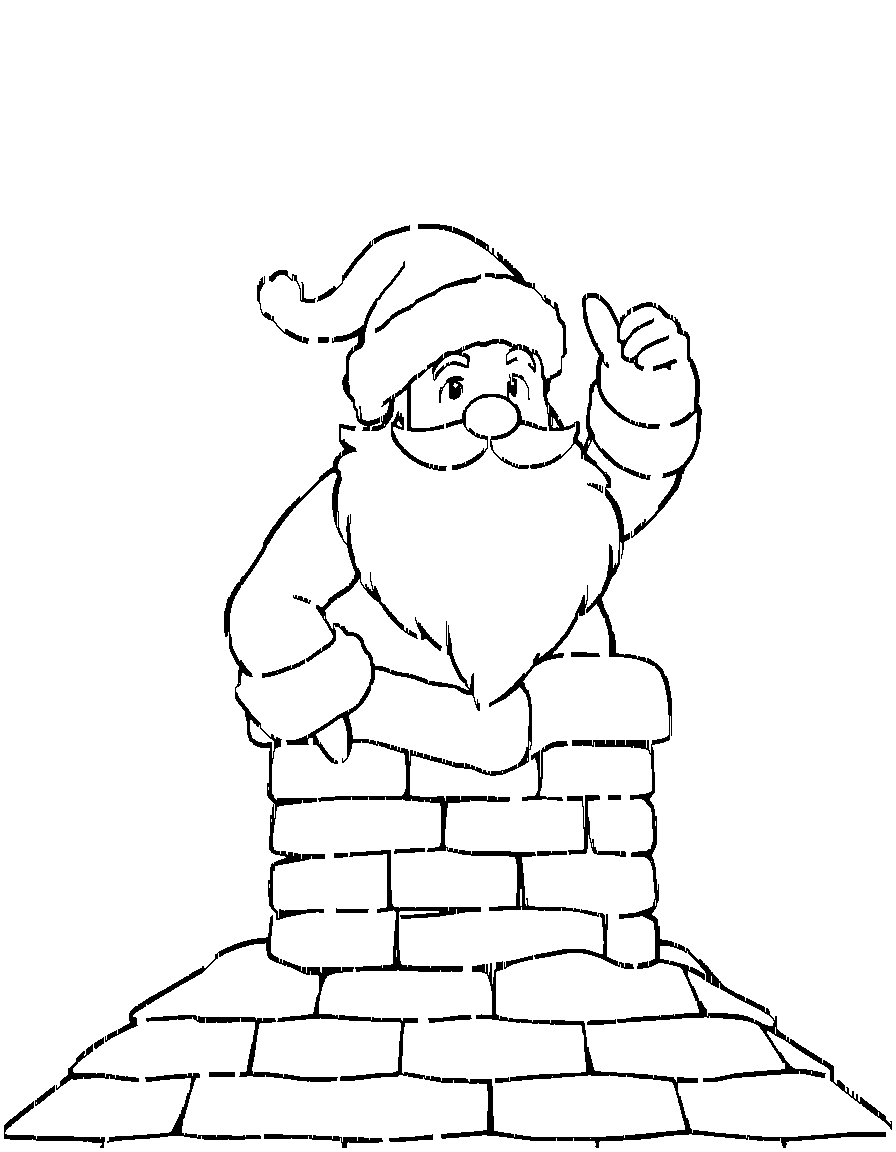 Santa Claus entering a roof top chimney. coloring page Contour style - free printable
