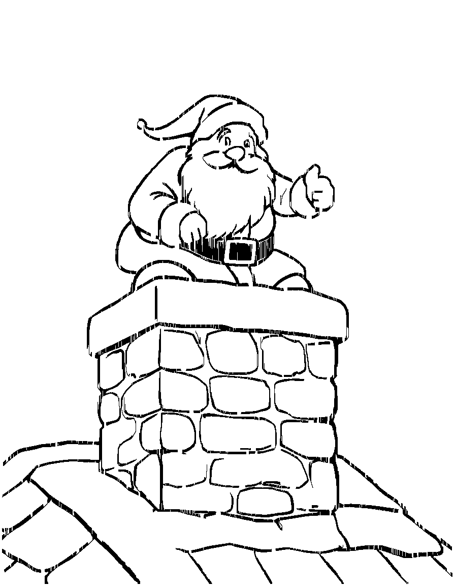 Santa Claus entering a roof top chimney. coloring page Contour style - free printable