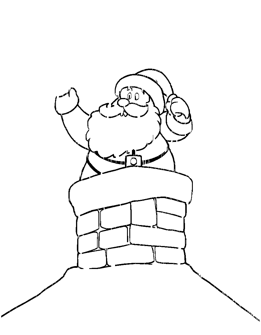 Santa Claus entering a roof top chimney. coloring page Contour style - free printable