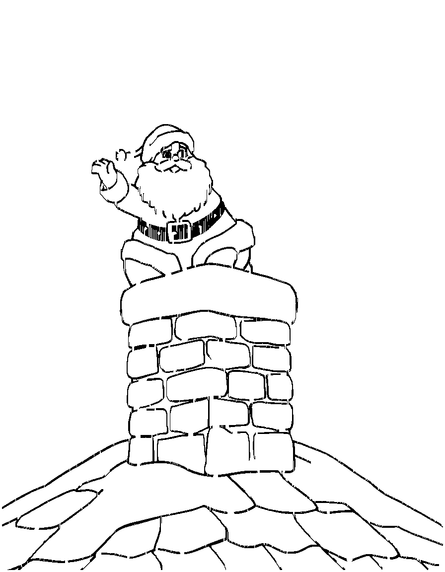 Santa Claus entering a roof top chimney. coloring page Contour style - free printable