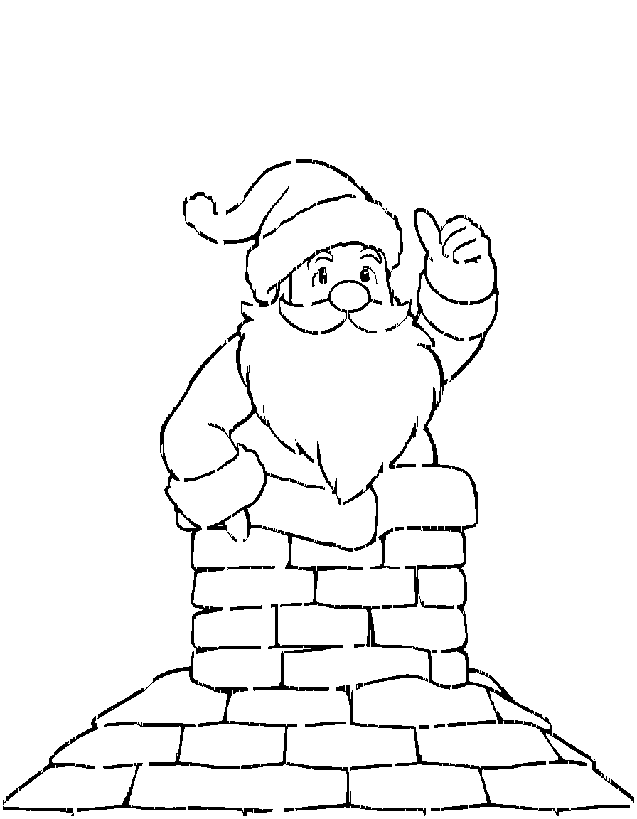 Santa Claus entering a roof top chimney. coloring page Contour style - free printable