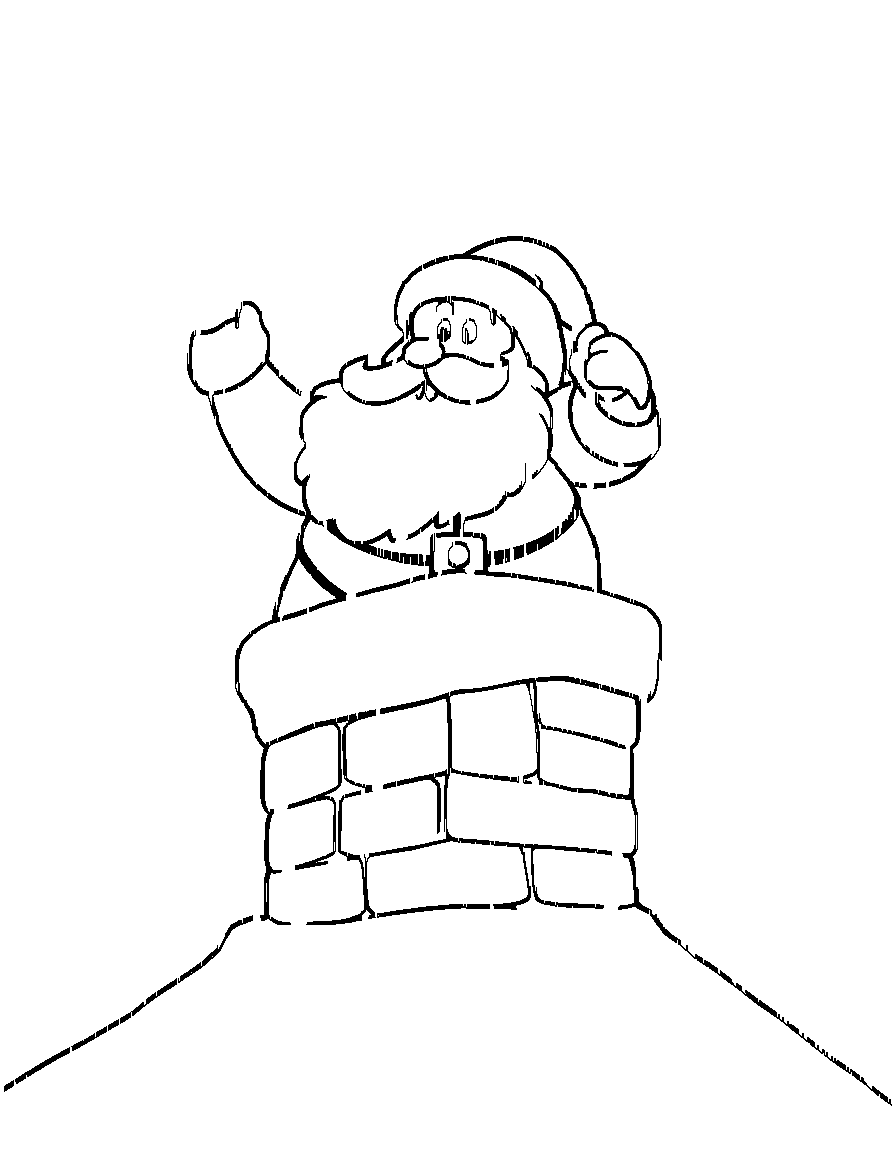 Santa Claus entering a roof top chimney. coloring page Contour style - free printable