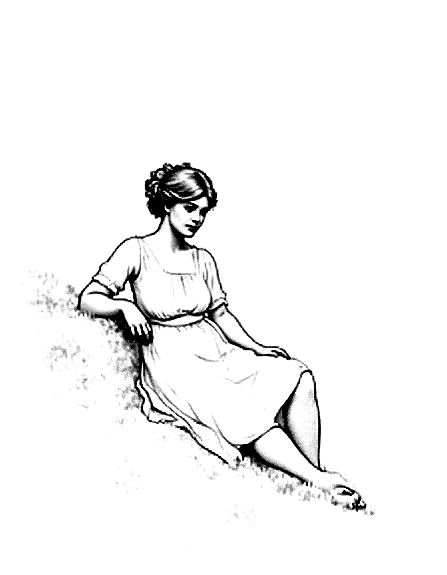 a young shepherdess resting on a hillside coloring page Bouguereau style free printable