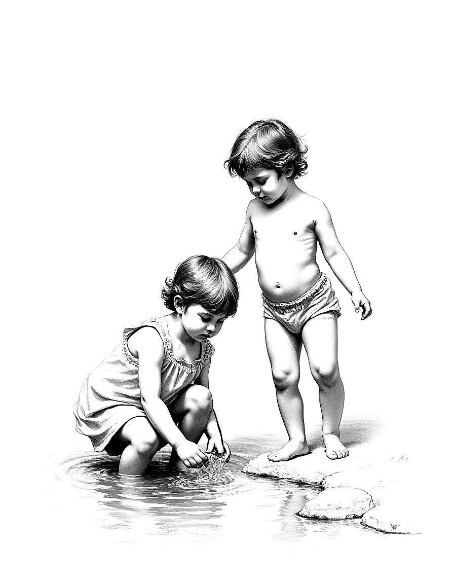 two children playing at a stream coloring page Bouguereau style free printable