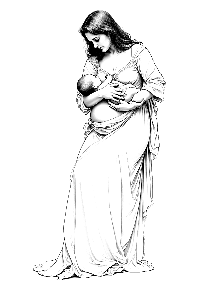 a mother nursing her infant in soft light coloring page Bouguereau style free printable