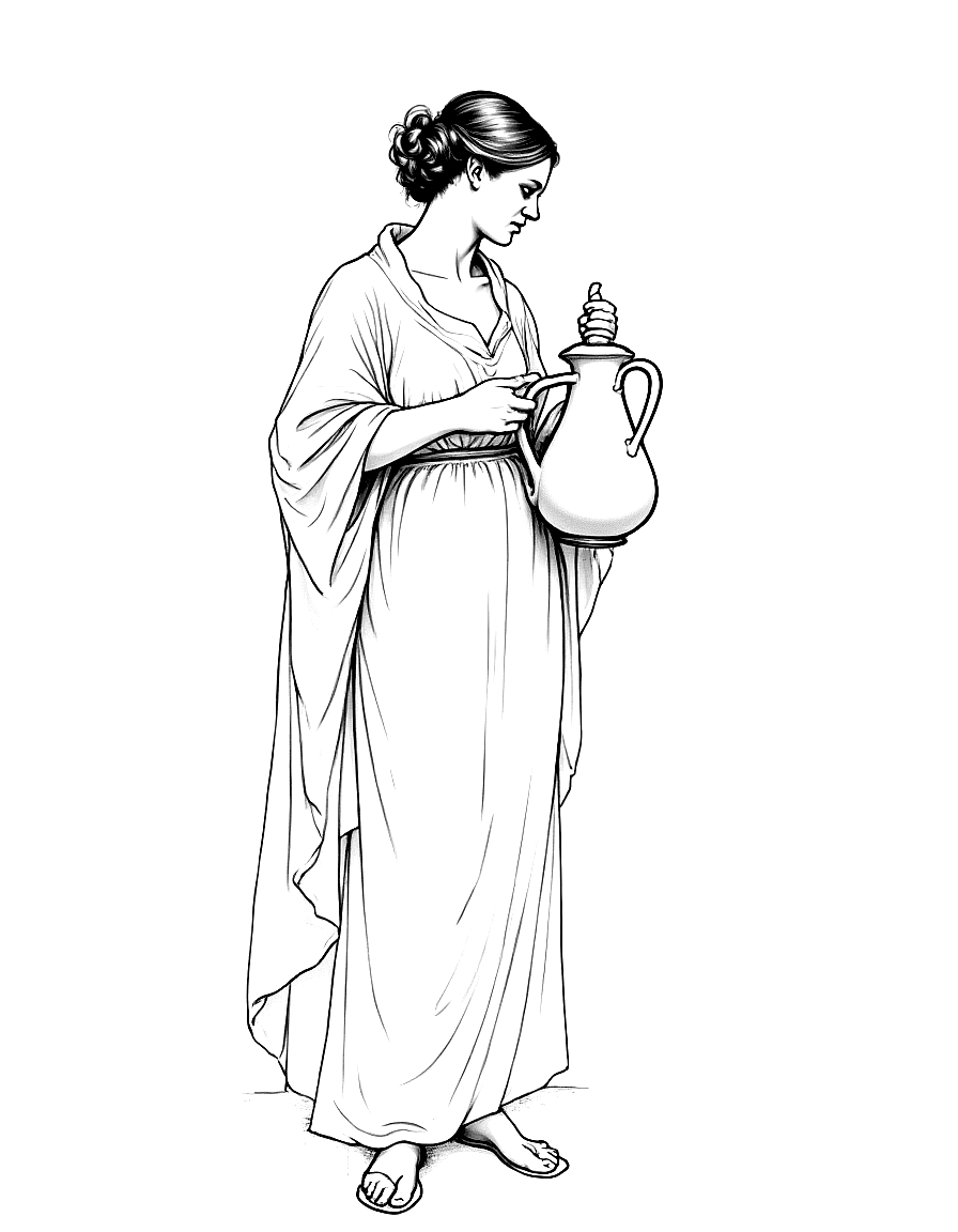 a woman with a water jug at a well coloring page Bouguereau style free printable