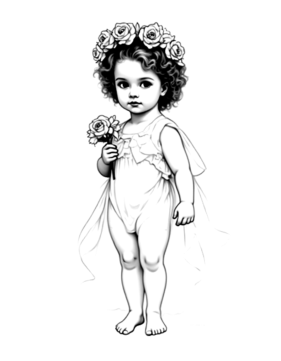 a young girl with a wreath of flowers coloring page Bouguereau style free printable