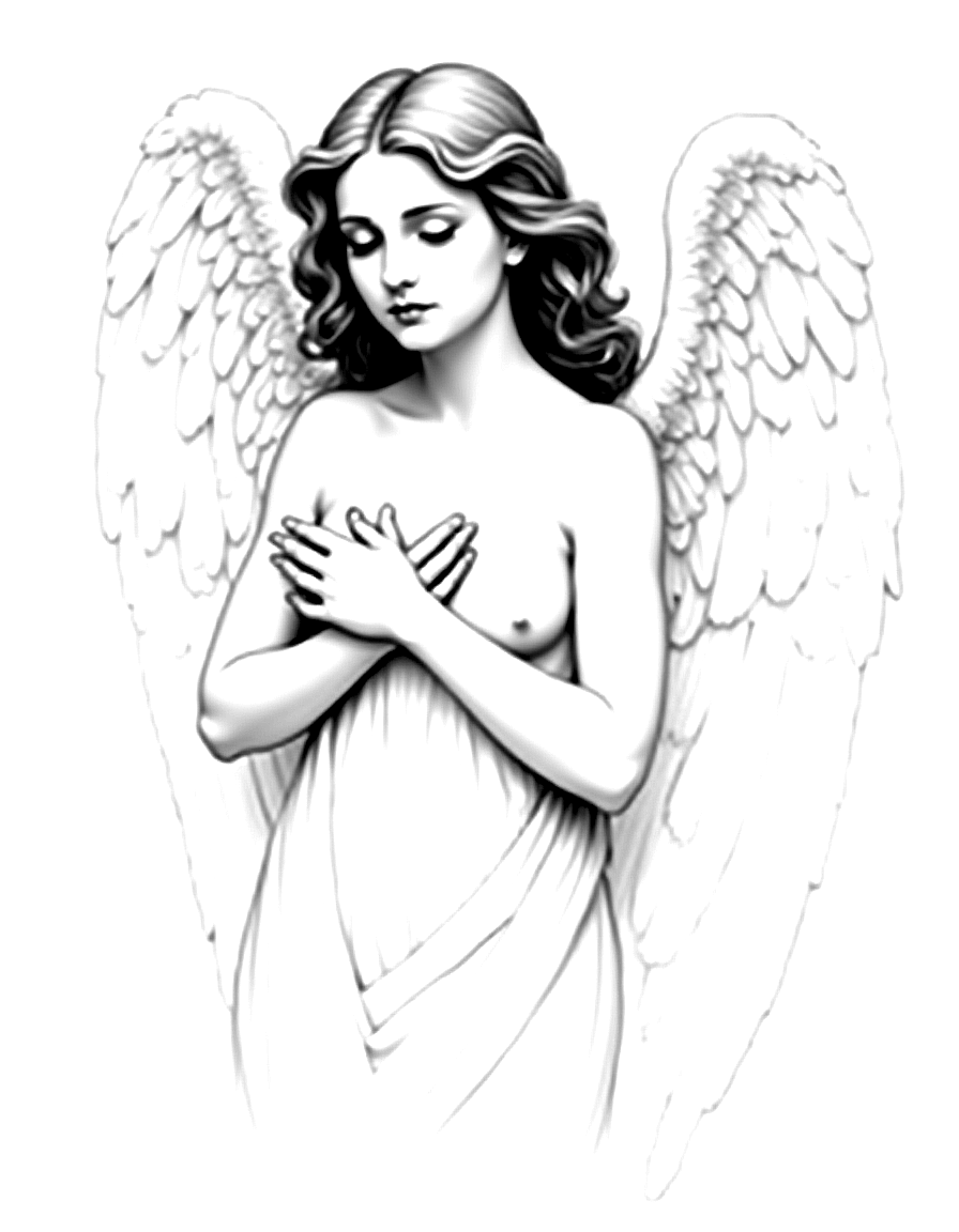 an angel with serene expression and folded wings coloring page Bouguereau style free printable