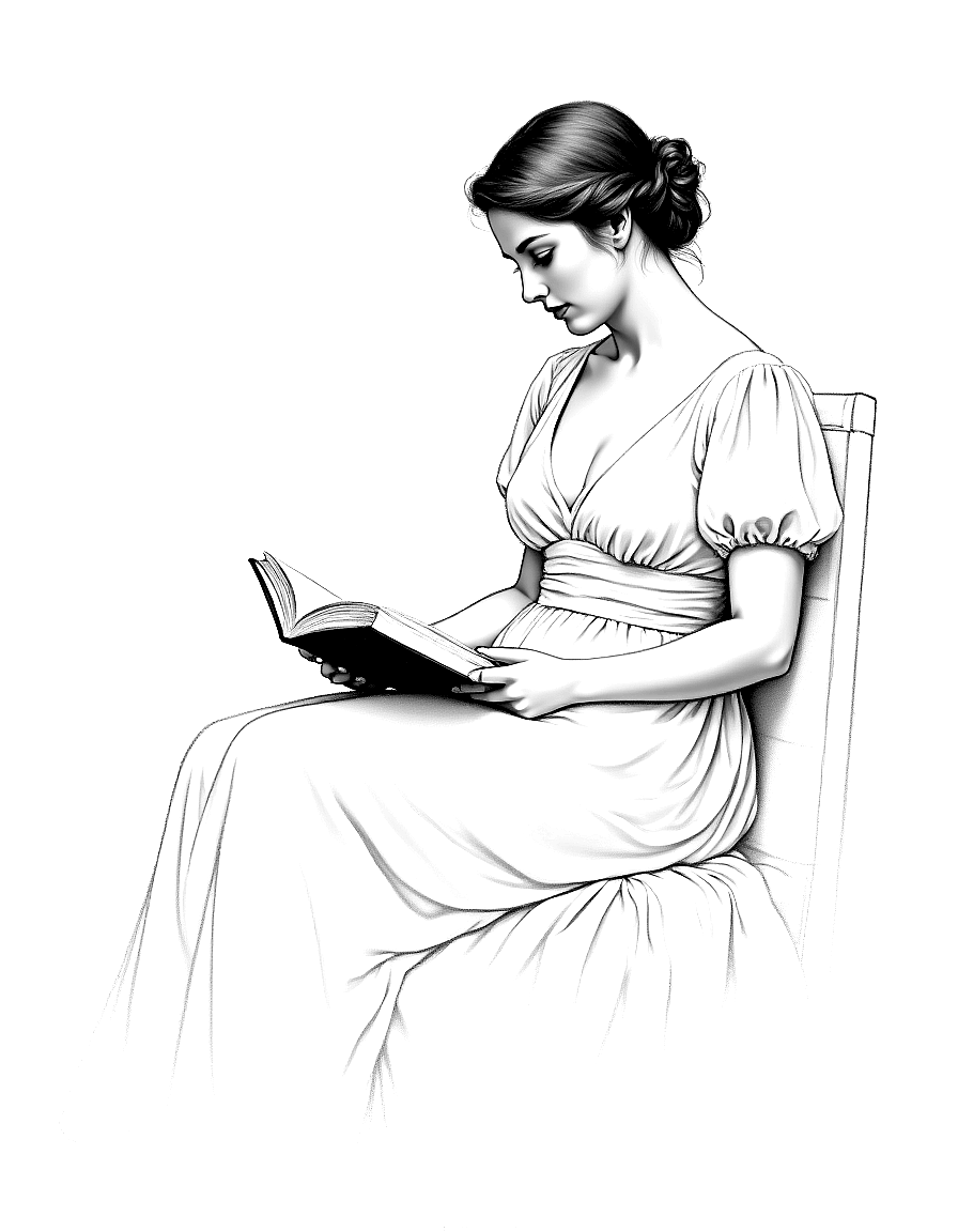 a seated woman reading in gentle light coloring page Bouguereau style - free printable