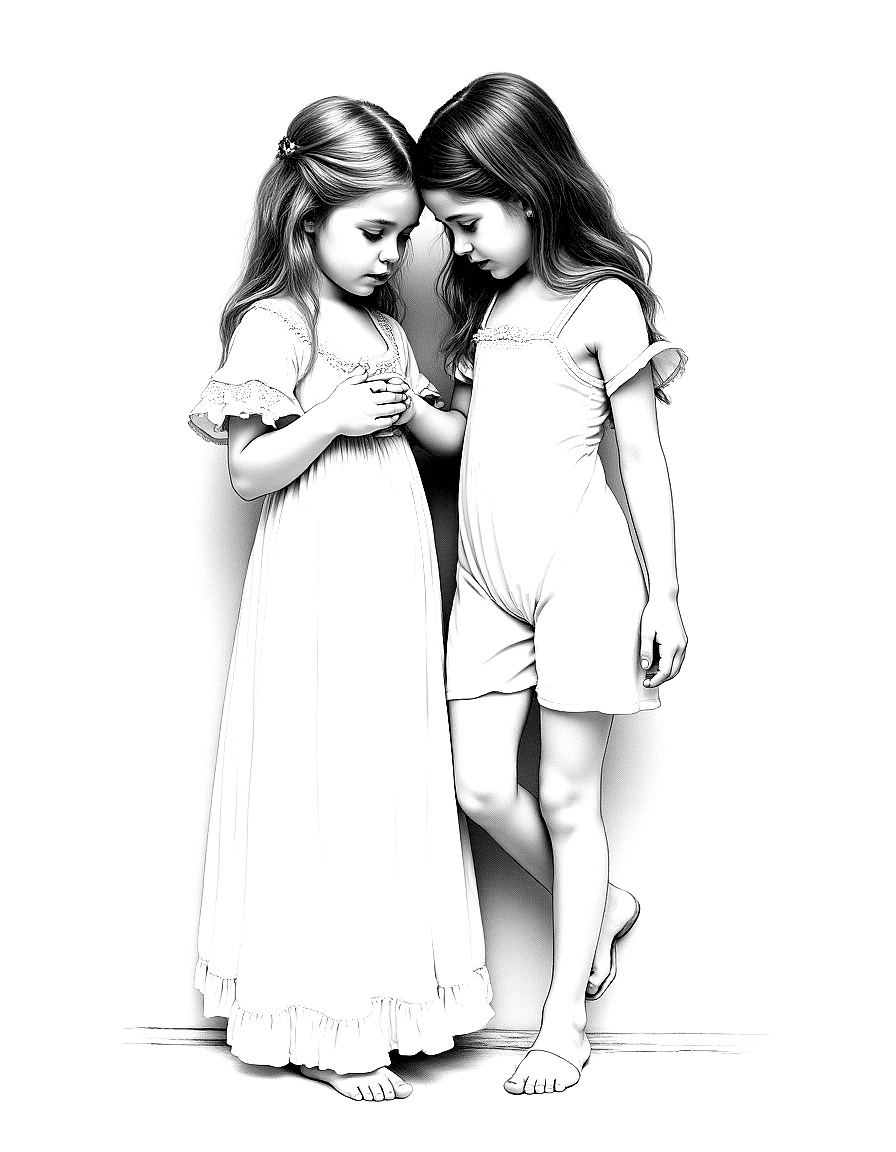 two young girls sharing a secret coloring page Bouguereau style free printable