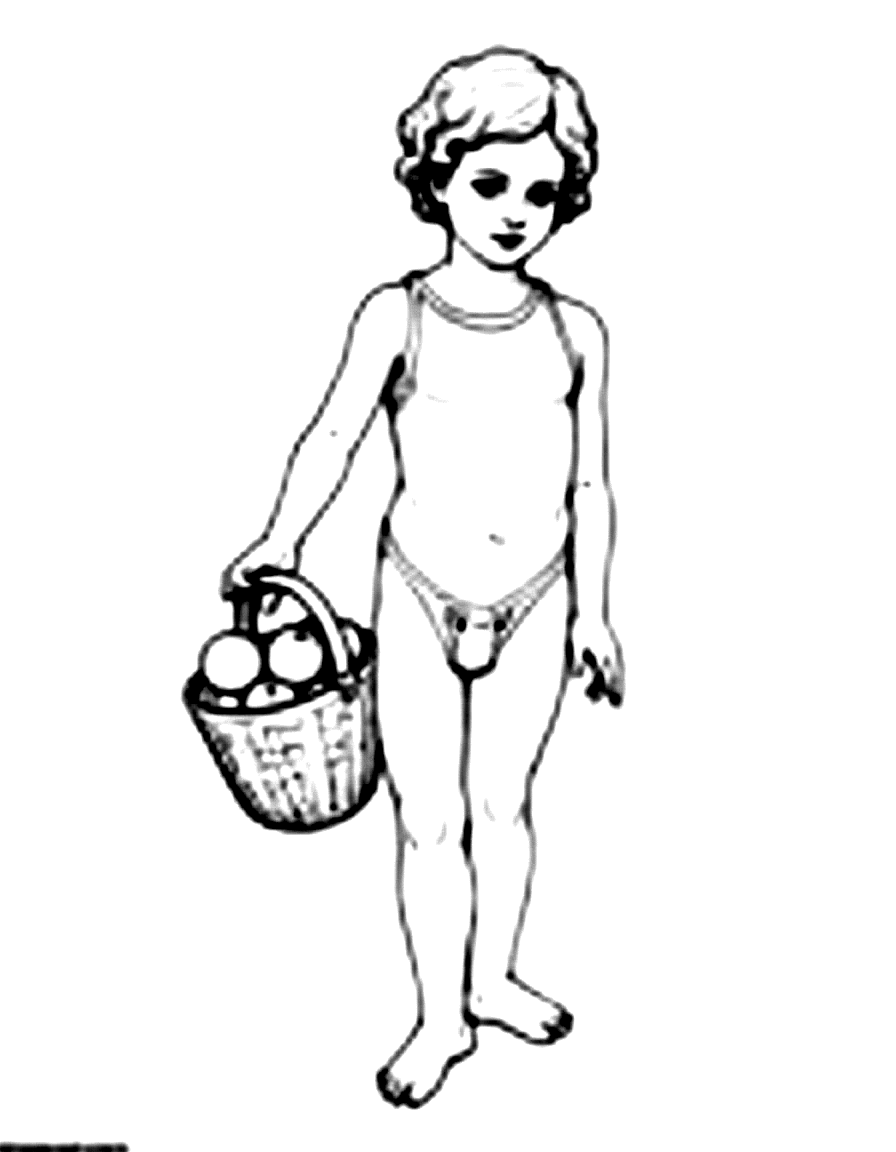 a barefoot child holding a basket of apples coloring page Bouguereau style - free printable