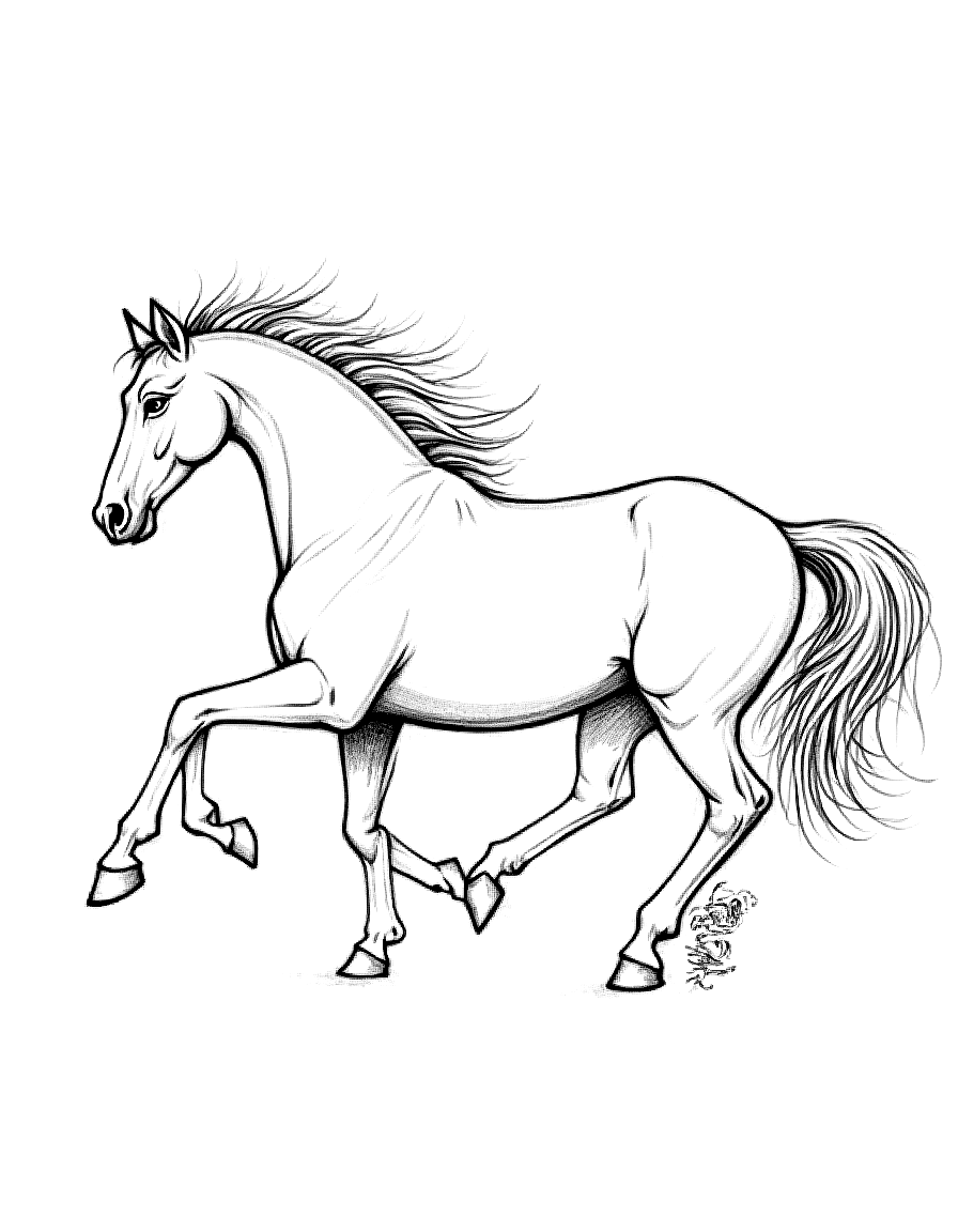 a horse in motion with construction lines visible coloring page Da Vinci style free printable