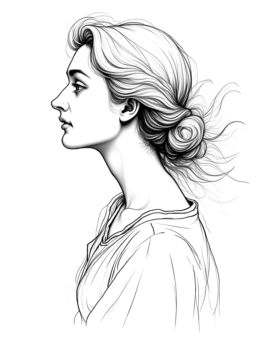 a young woman in profile with flowing hair coloring page Da Vinci style free printable