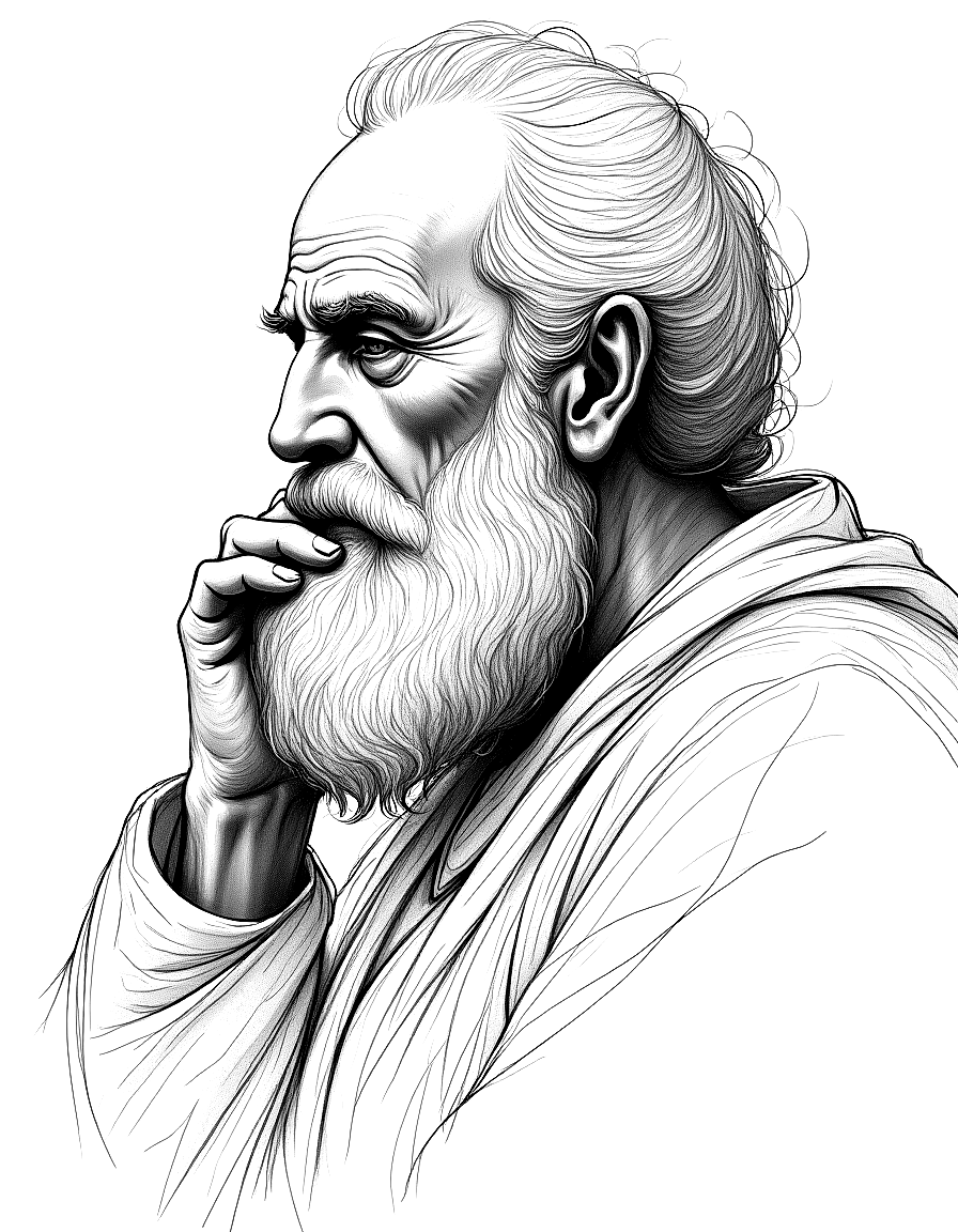 a bearded old man in deep thought coloring page Da Vinci style - free printable