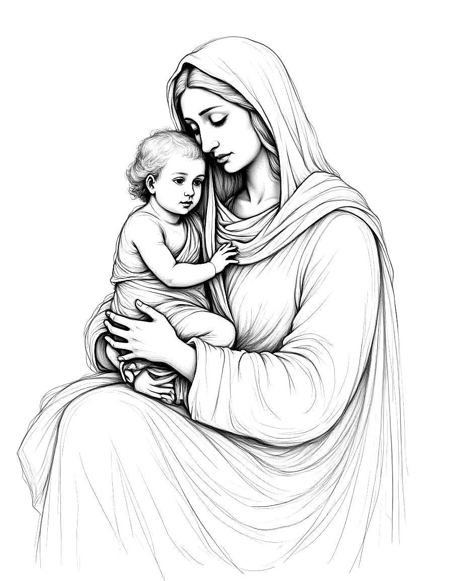a Madonna and child in gentle composition coloring page Da Vinci style free printable