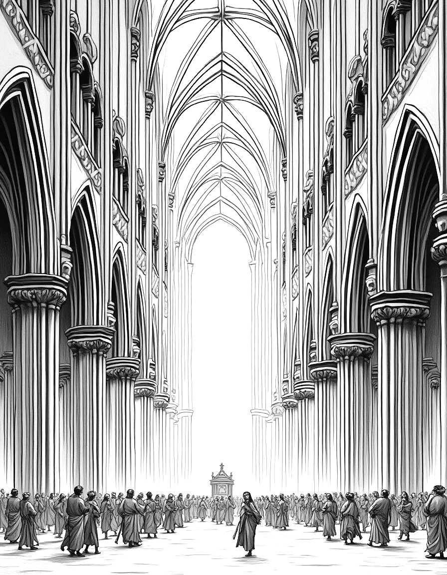 a vast Gothic cathedral interior with tiny figures below coloring page Doré style free printable