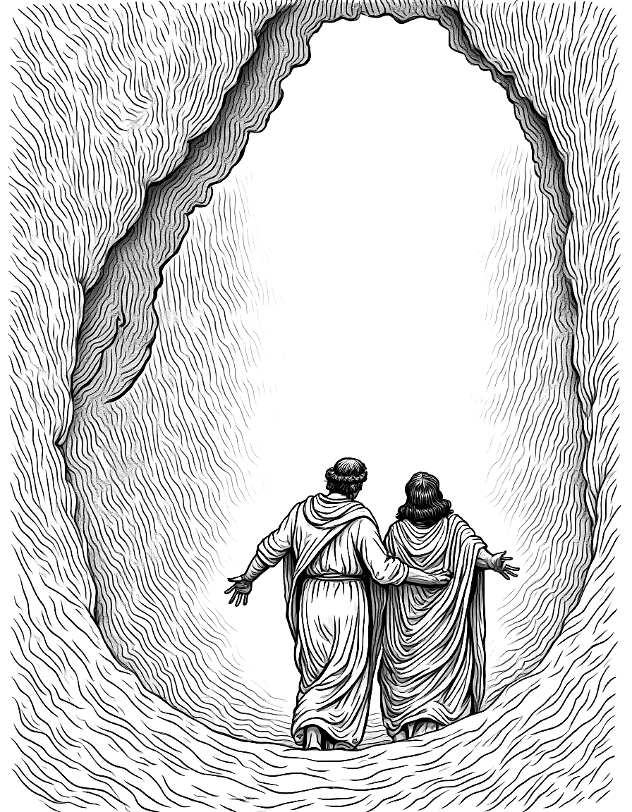 Dante and Virgil descending into a dark chasm coloring page Doré style free printable