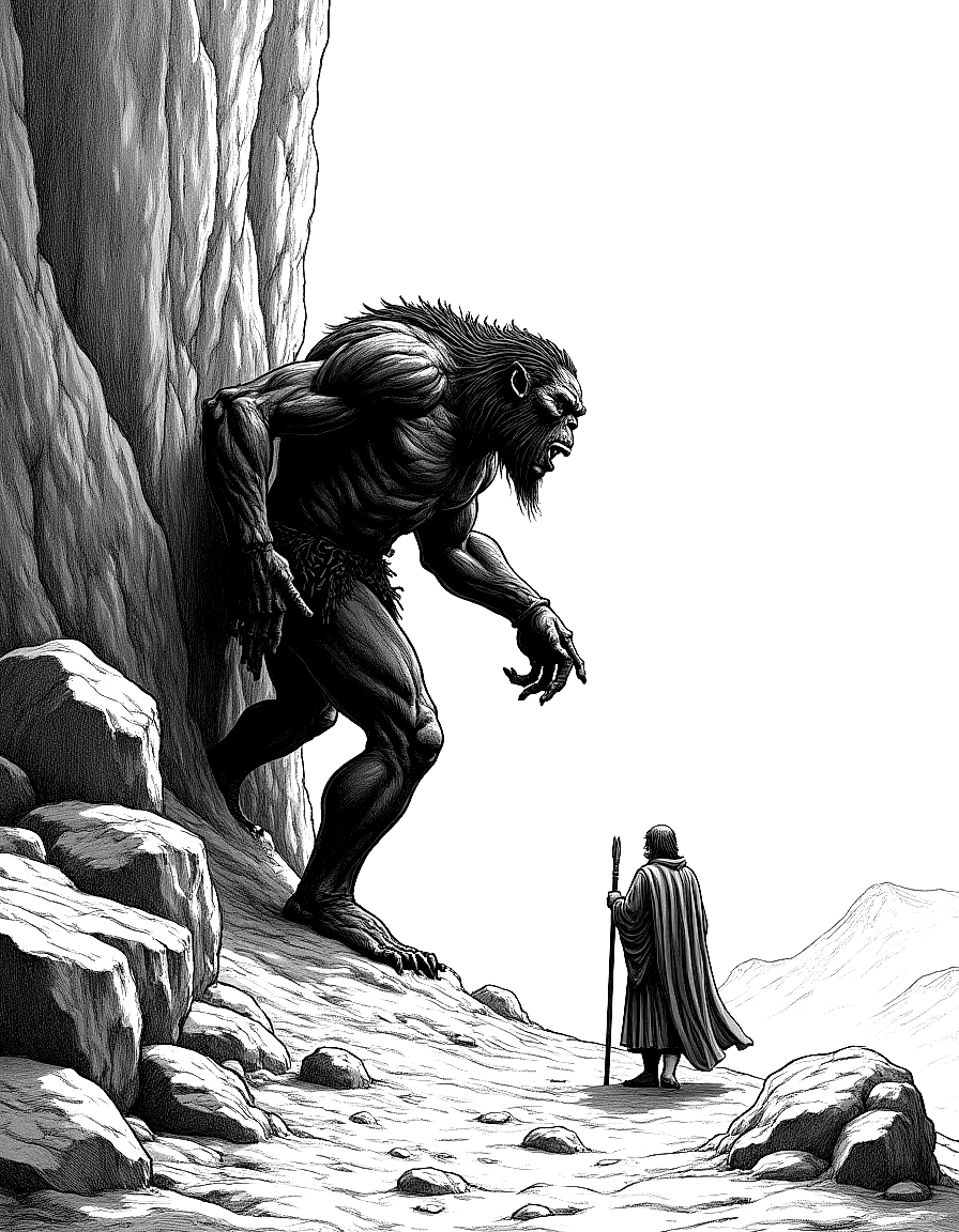 a giant troll beneath a cliff face coloring page Doré style - free printable