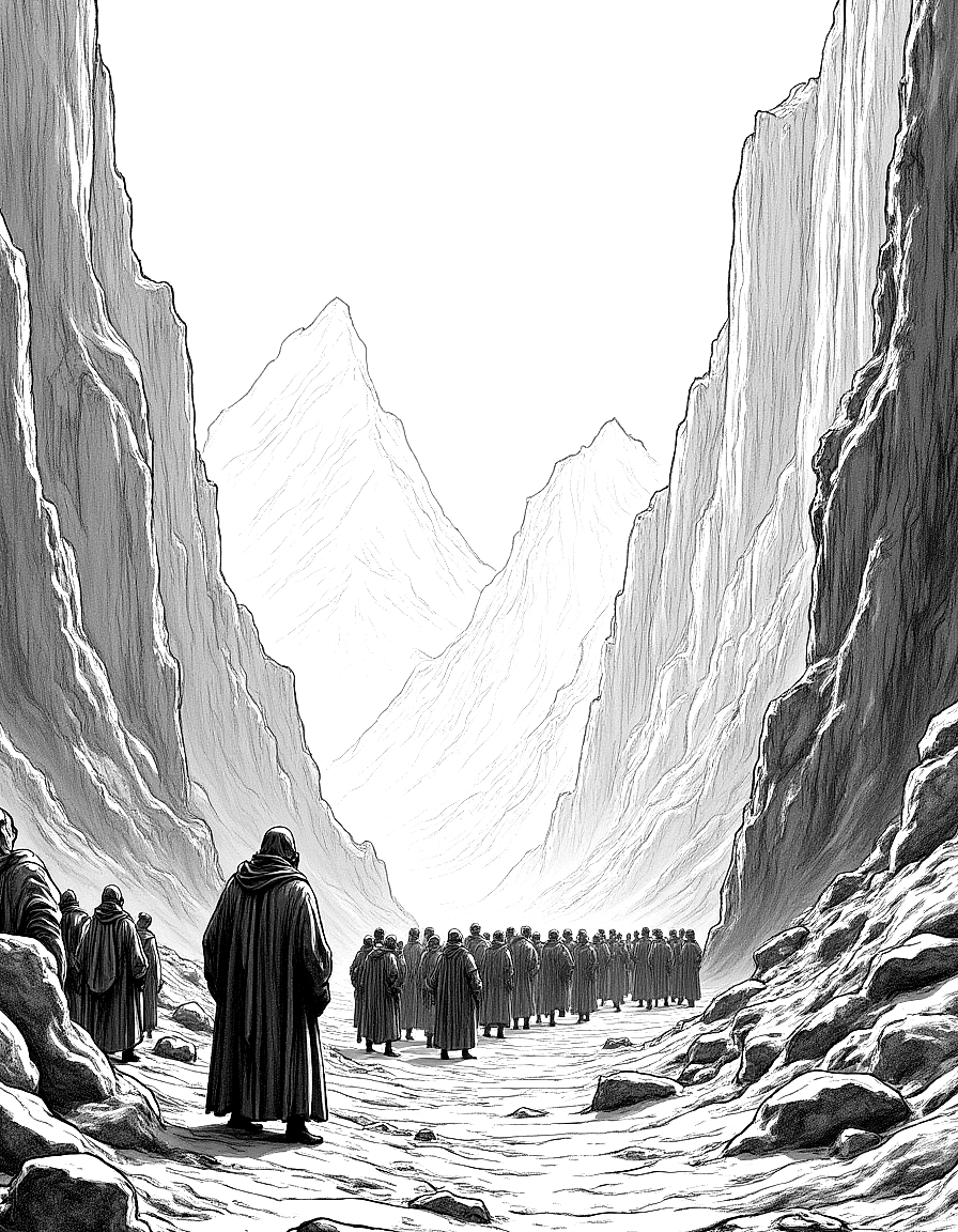 a pilgrim dwarfed by a towering mountain pass coloring page Doré style - free printable