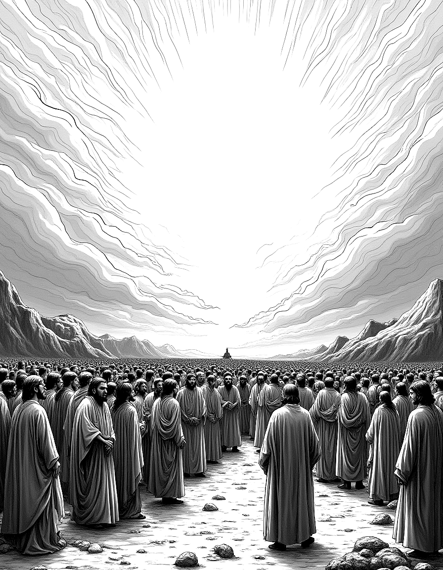 a crowd of souls in a vast Biblical landscape coloring page Doré style free printable