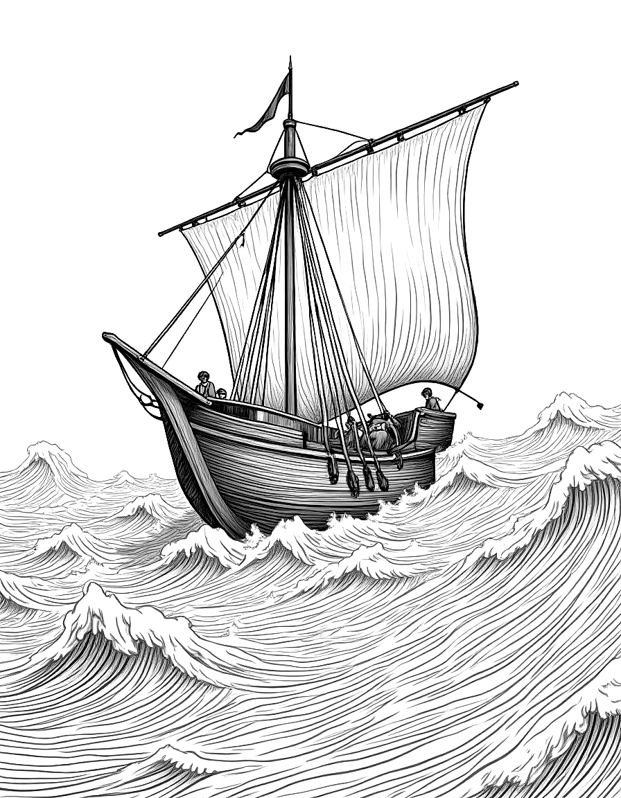 Jonah cast from a ship into stormy seas coloring page Doré style free printable