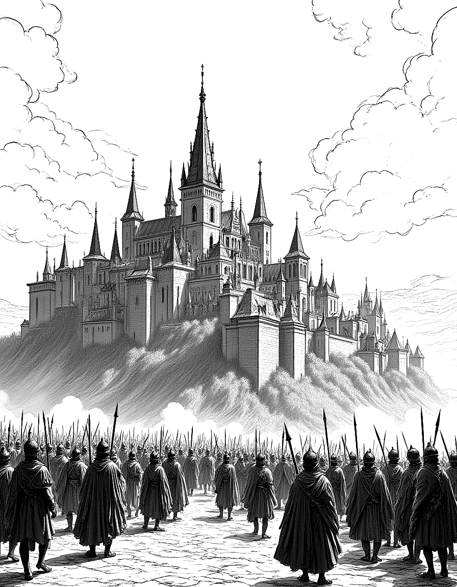 a medieval city under siege with armies below coloring page Doré style free printable